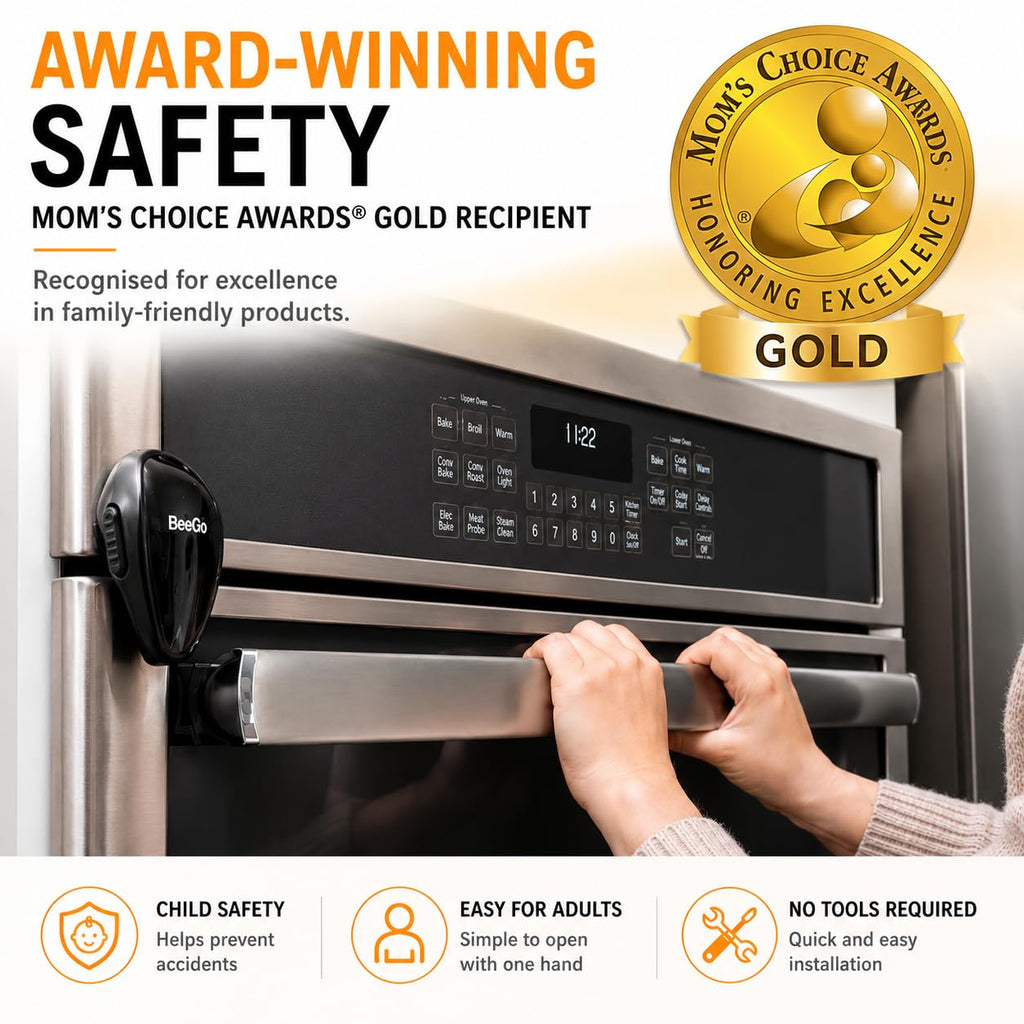 BeeGo® Oven Lock – Mom's Choice Awards® Gold | Child Safety Baby Proofing Lock for Oven, Stove & Microwave – Self-Adhesive, Heat-Resistant, No Drill, Easy Install (Black, Flat Surfaces Only)