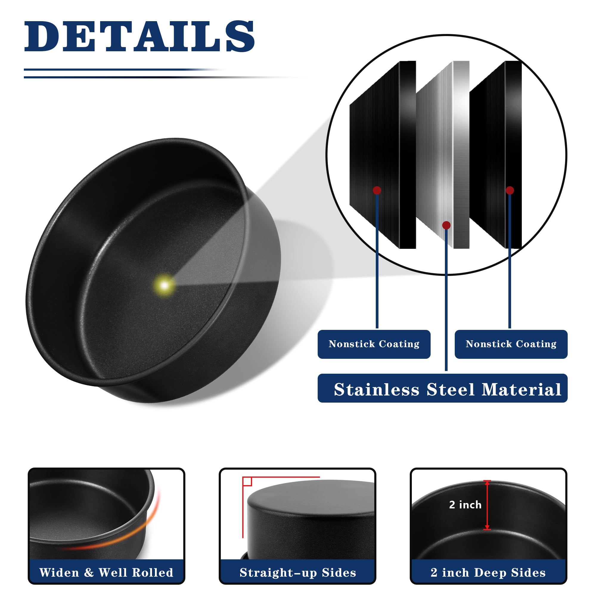E-far 4 Inch Cake Pan Set of 3, Nonstick Stainless Steel Mini Round Cake Pans Tin, Small Size for Baking Smash Cakes/Cheesecake, Stainless Steel Core & Non-toxic Coating, Straight Side & 2 Inch Deep