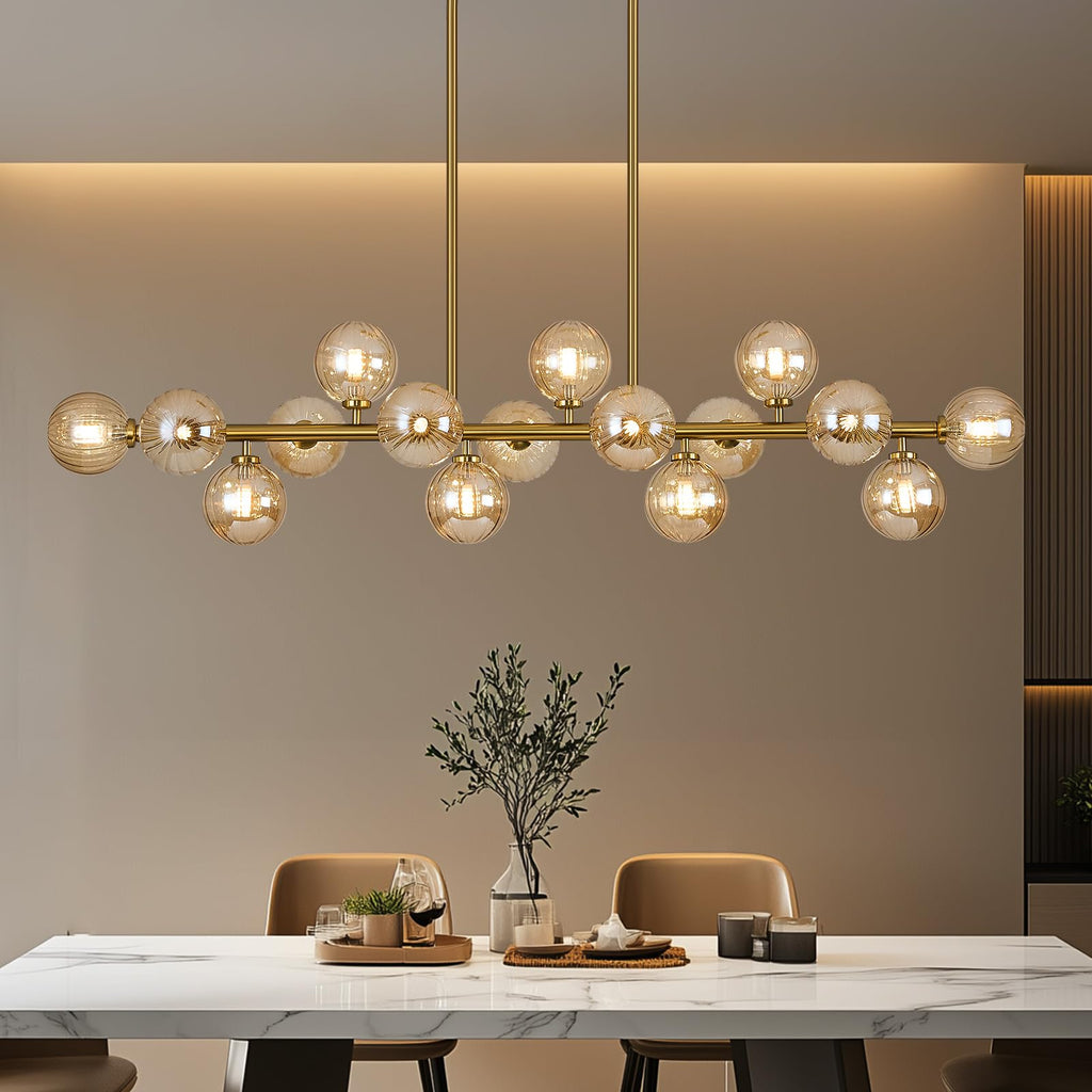 Modern Linear Chandeliers for Dining Room, 8-Light Globe Sputnik Pendant Ceiling Light, Black Dining Room Light Fixture Over Table, Mid Century Glass Milk White Bubble, 31.5 Inch, GC-09