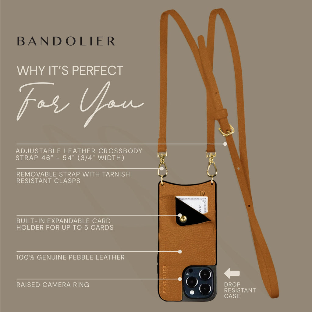 Bandolier Emma Crossbody Wallet Phone Case for iPhone 15 Pro Max. 100% Genuine Pebble Leather. Adjustable & Removable Crossbody Strap. Card Holder with Snap Closure. Black with Gold Hardware