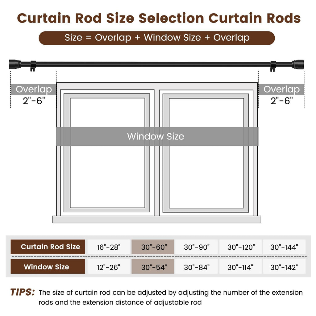 1” Diameter brown curtain rod Itself is 30 to 60 inch. 1 Pack Fits 30-54 inch Windows with Heavy Duty Adjustable brown curtain rods Splicing Metal Extra Long Curtain Rod