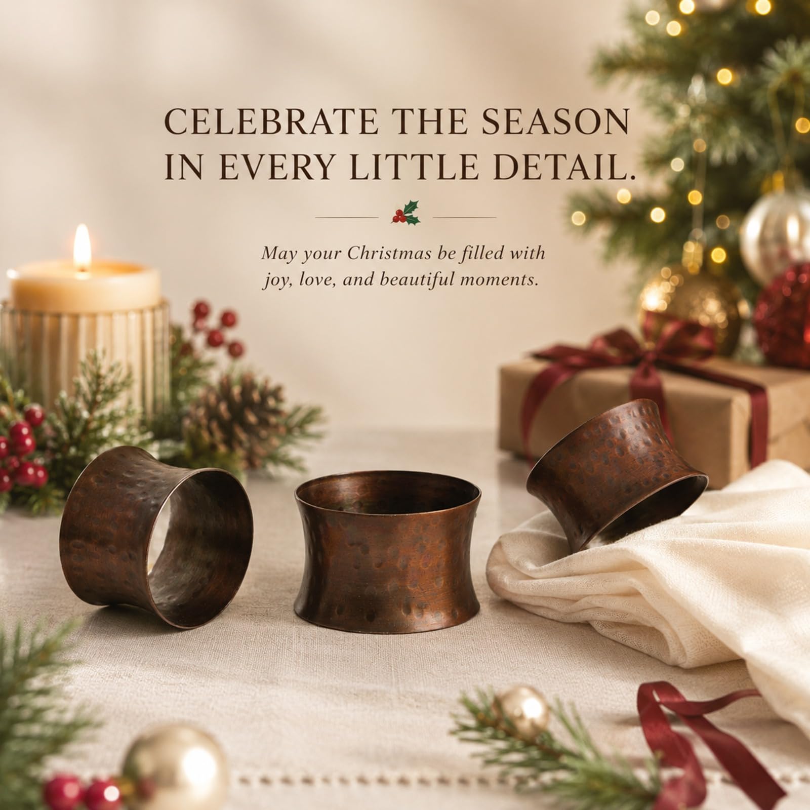 ITOS365 Handmade Round Hammered Antique Napkin Rings Holder for Dinning Table Parties Everyday, Set of 12