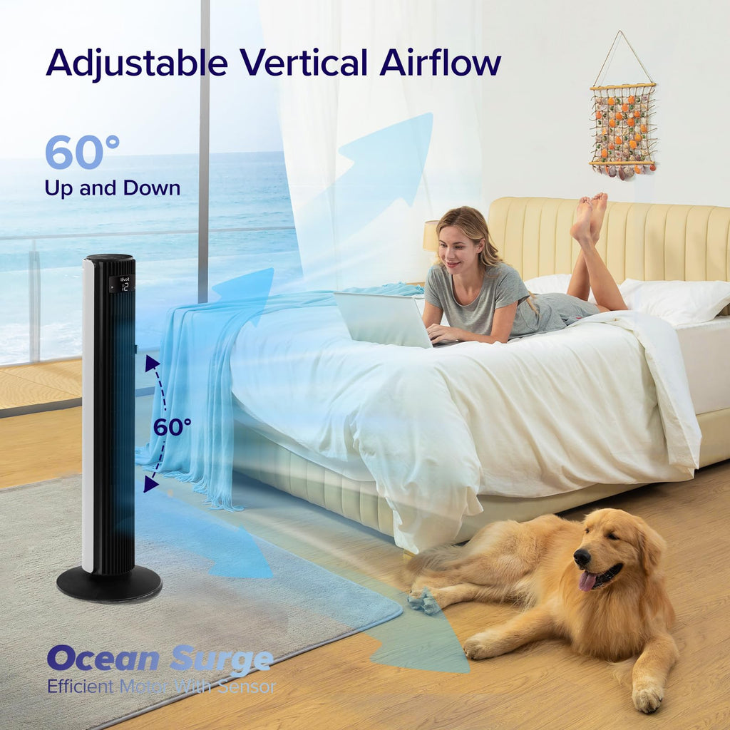 LEVOIT Tower Fan for Bedroom, 90° Oscillating Standing Fan with 28dB Quiet for Sleep, 25ft/s Velocity, 12H Timer, 5 Speeds 4 Modes, Remoter, Bladeless Room Fan for Home, Office, Indoor, 36 inch, White