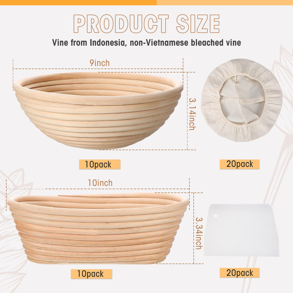 Gejoy 20 Sets Bread Proofing Baskets Bulk Banneton Dough Proofing Bowls Kit with Cloth Liner and Plastic Scraper Sourdough Basket for Home Sourdough Bakers(Oval,10'')