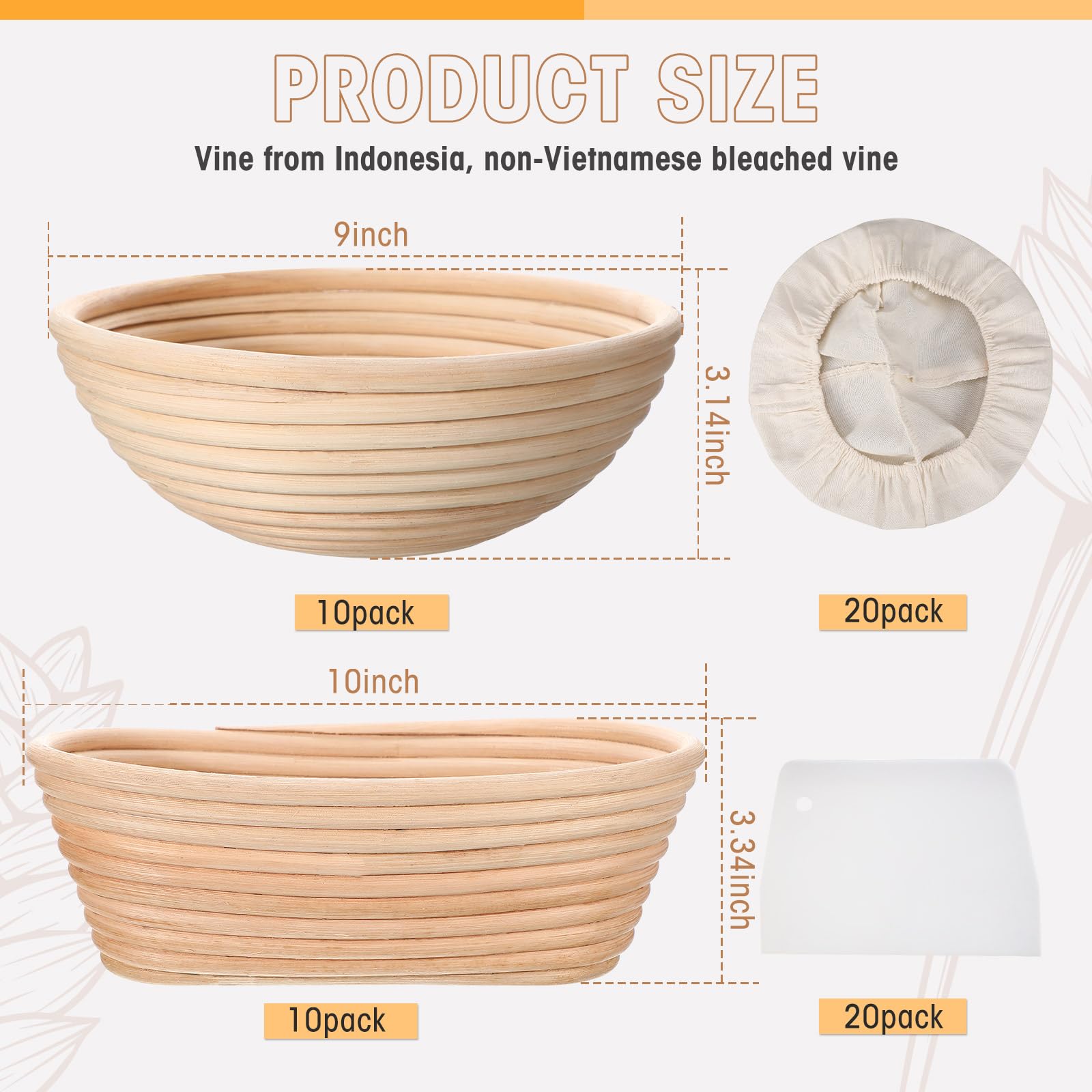 Gejoy 20 Sets Bread Proofing Baskets Bulk Banneton Dough Proofing Bowls Kit with Cloth Liner and Plastic Scraper Sourdough Basket for Home Sourdough Bakers(Oval,10'')
