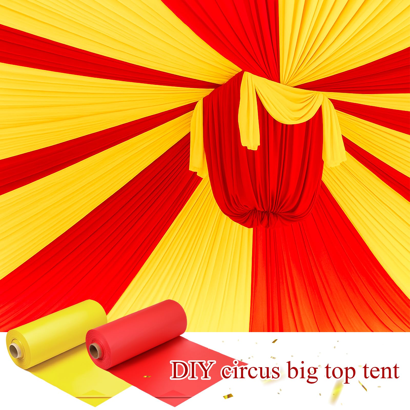 Moukeren 40'' x 100'' Circus Tablecloth Roll Carnival Tent Party Table Cover for Birthday Decorations Circus Theme Tablecloth for Backdrop Curtains Ceiling Wall Drapes Supplies(Beige, Red,4 Roll)