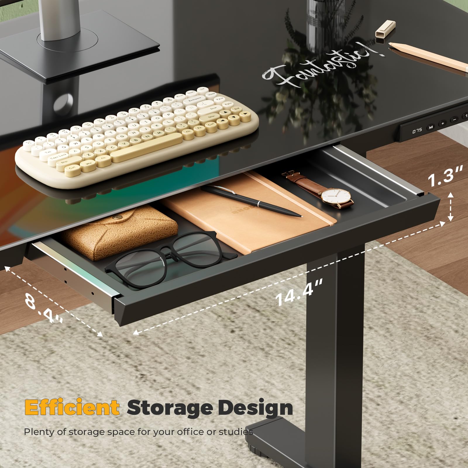 Glass Electric Standing Desk with Drawer, 35" x 20" Whole Piece Tabletop Samll Sit Stand Table, Height Adjustable Workstation with Storage & USB Ports, Quick Install Home Office Desk
