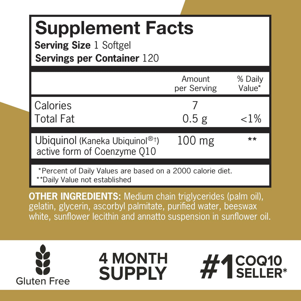 Qunol Ubiquinol CoQ10 100mg Softgels, Ubiquinol - Active Form of Coenzyme Q10, Antioxidant for Heart Health, Healthy Blood Pressure Levels, Beneficial to Statin Users, 60 Count