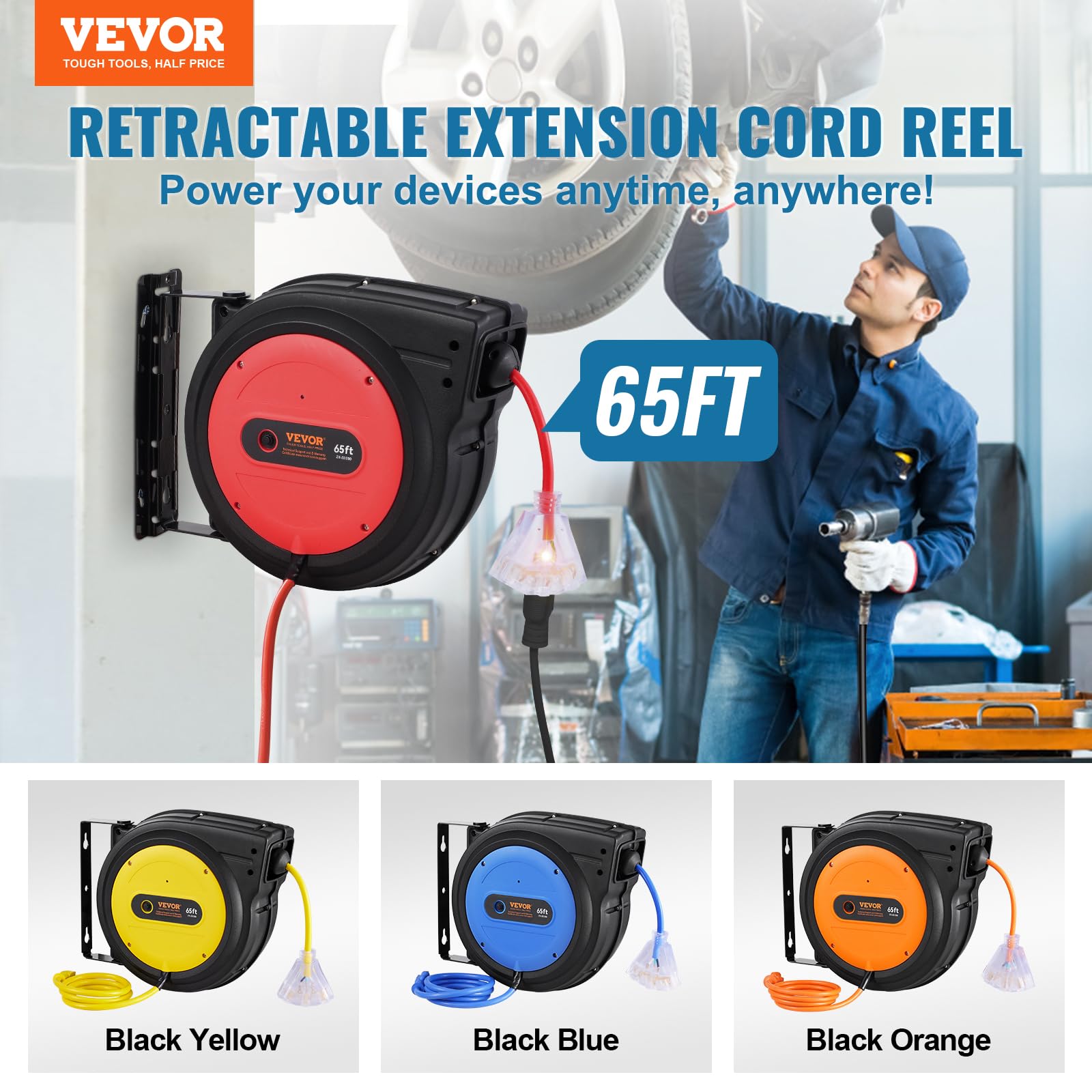 VEVOR Retractable Extension Cord Reel, 30 FT, Heavy Duty 16AWG/3C SJTOW Retractable Power Cord Reel with Lighted Triple Tap Outlet 10 Amp Circuit Breaker 4.5FT Lead-in Cord, for Ceiling or Wall Mount