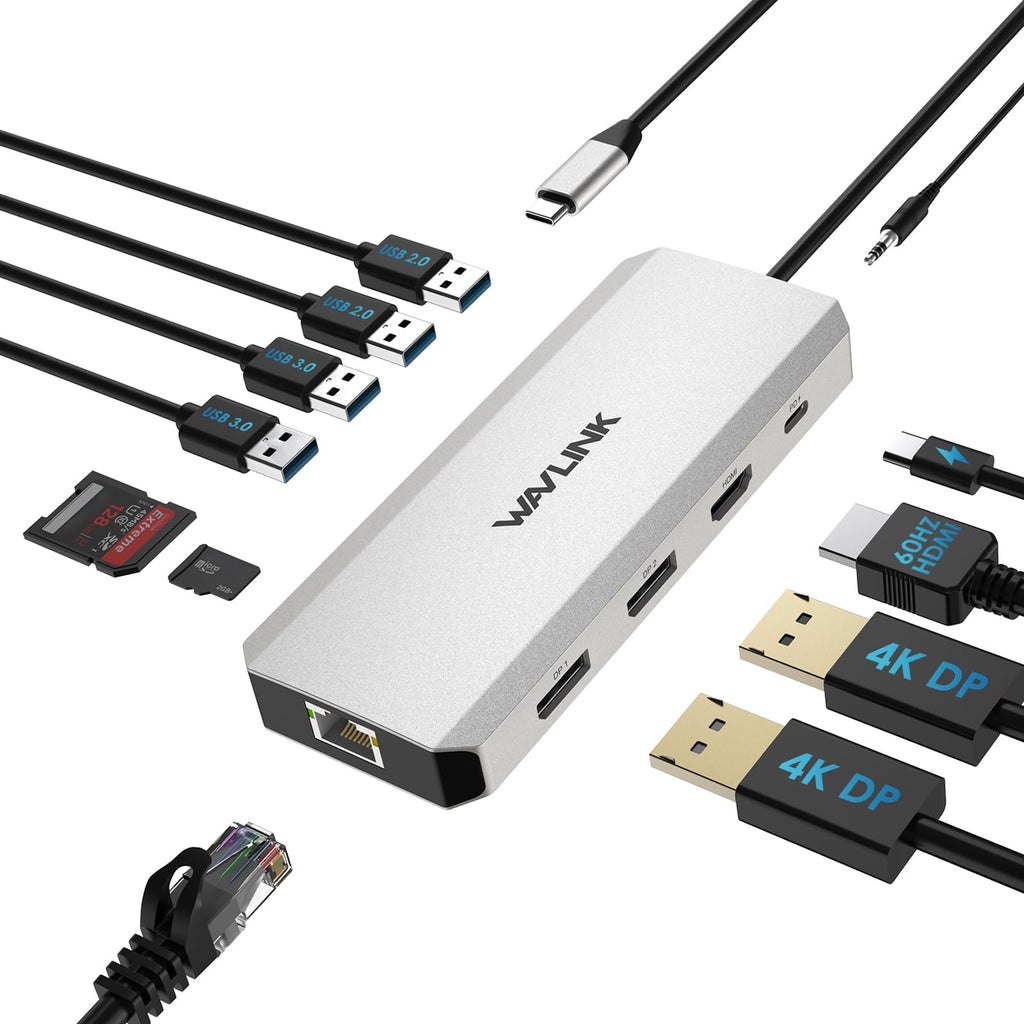 Laptop Docking Station,12 in 1 Triple Display USB C Hub for Windows with Dual DP, HDMI, 100W PD in, Gigabit Ethernet, USB3.0/2.0 Ports, SD/TF Card Reader, Mic/Audio for Lenovo HP Dell