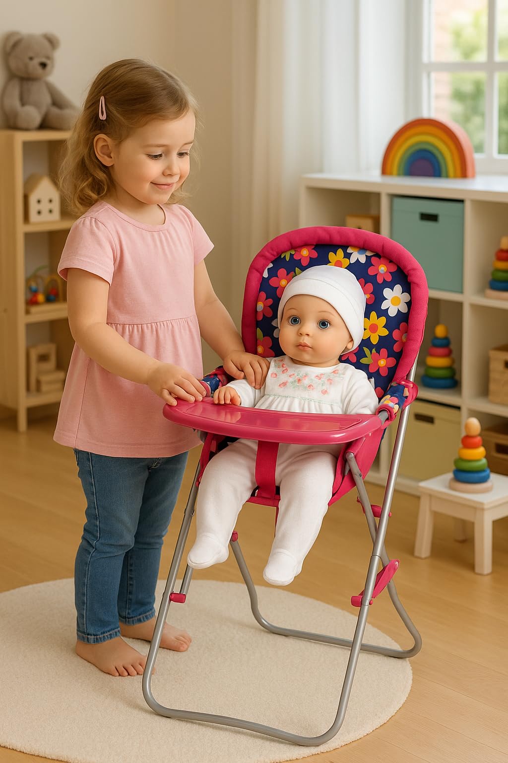 Fash n kolor - Baby Doll High Chair with Tray, Fits up to 18 inch Baby Dolls, Flower Print Toddler Furniture Toy High Chair for Dolls Toys Easy to fold for Compact Storage