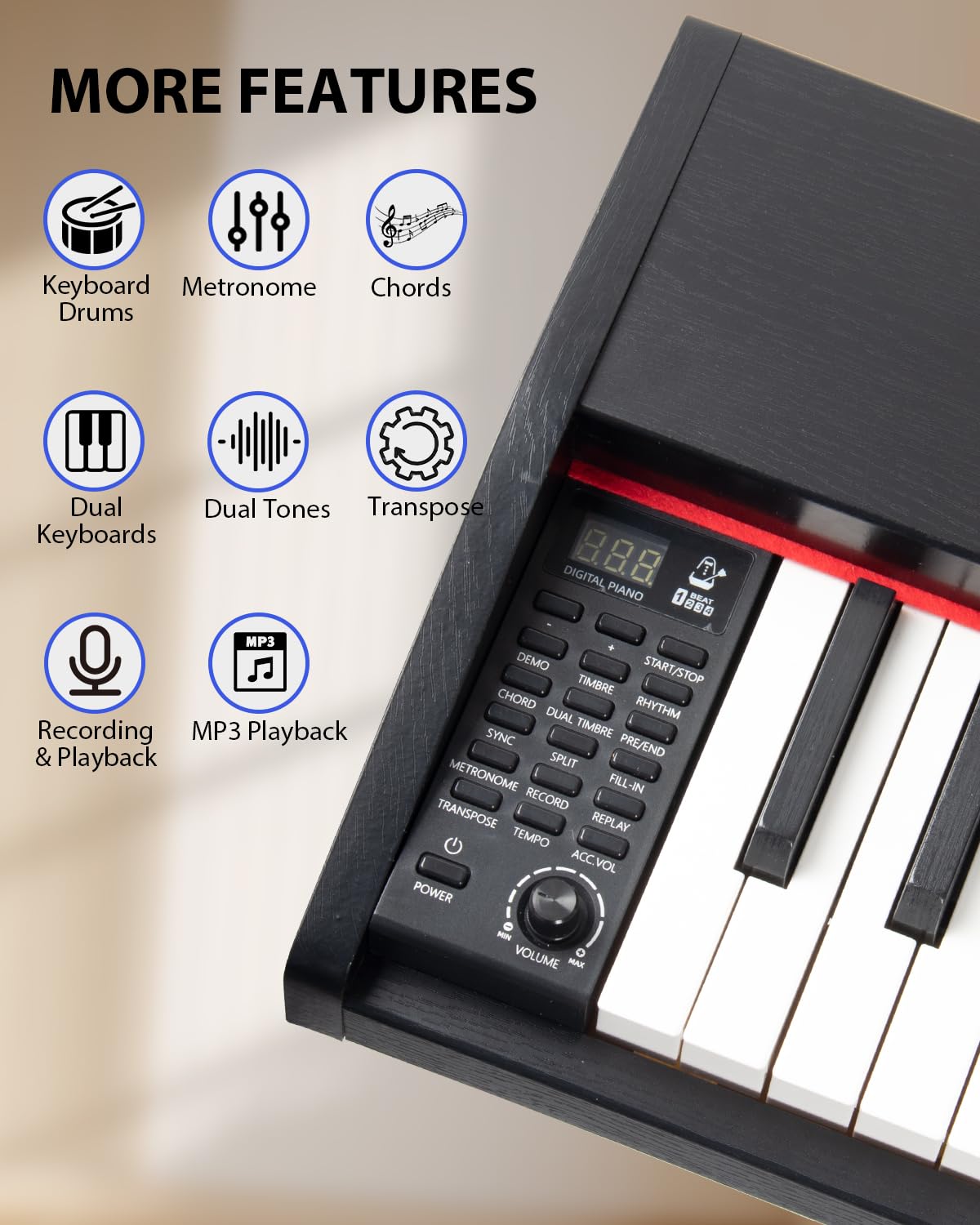 UISCOM Digital Piano Keyboard for Beginners, Full Size 88 Key Semi-Weighted Keyboard Electric Piano with Stand,Power Adapter,Sheet Music Stand,Pedal,Headphone,USB-MIDI Compatible,Wood Grain Apricot