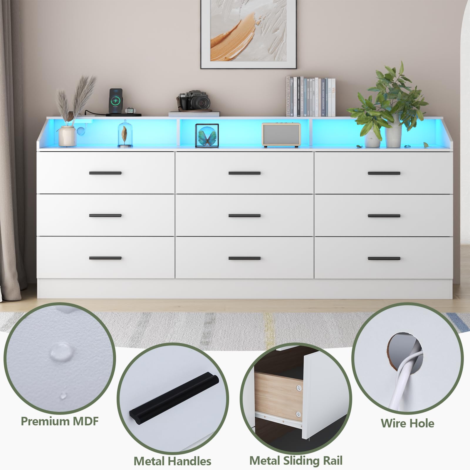 Gyfimoie 9 Drawers Dresser for Bedroom with Power Outlet, Chest of Drawers with LED Light, Modern Dressers with Open Storage Cubby, Triple Wide Dressers Organizer for Living Room (Black-)