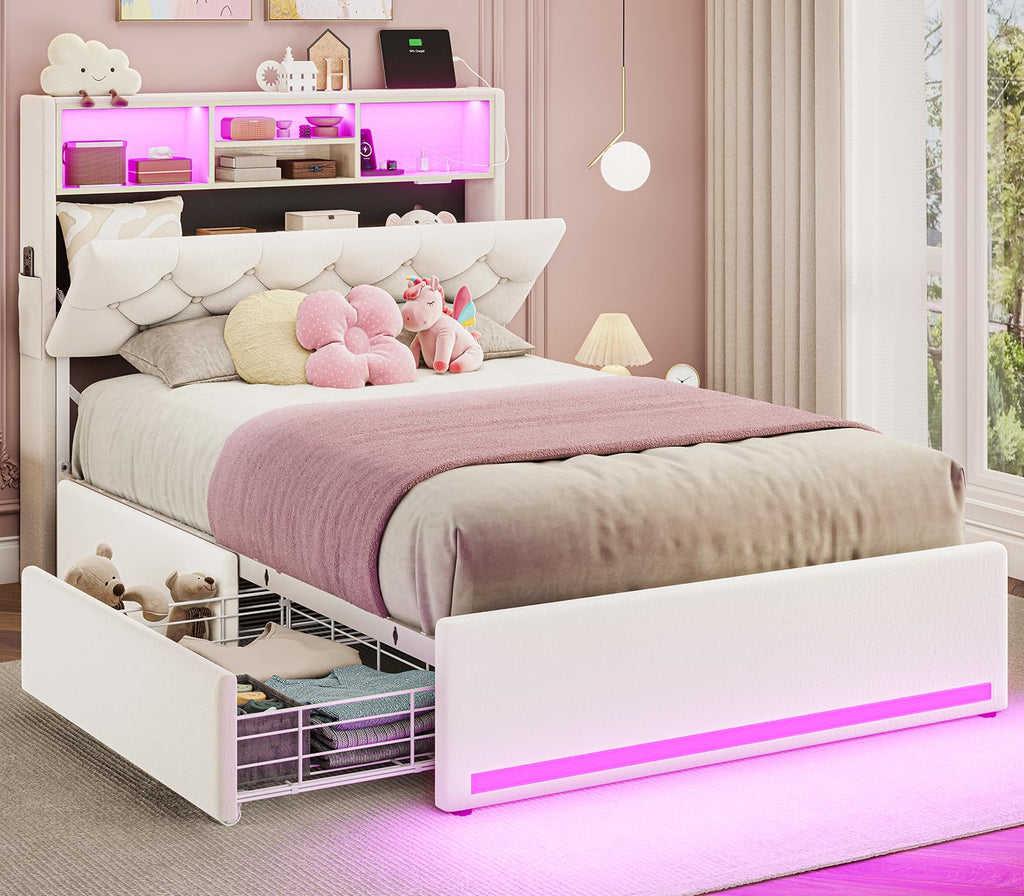 BTHFST Twin Bed Frames with Headboard & 4 Drawers, LED Bed Frame Twin with Charging Station, Upholstered and Metal Twin Bed with Storage, No Box Spring Needed, Black PU
