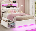 BTHFST Twin Bed Frames with Headboard & 4 Drawers, LED Bed Frame Twin with Charging Station, Upholstered and Metal Twin Bed with Storage, No Box Spring Needed, Black PU