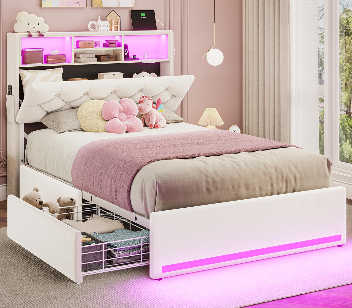 BTHFST Twin Bed Frames with Headboard & 4 Drawers, LED Bed Frame Twin with Charging Station, Upholstered and Metal Twin Bed with Storage, No Box Spring Needed, Black PU