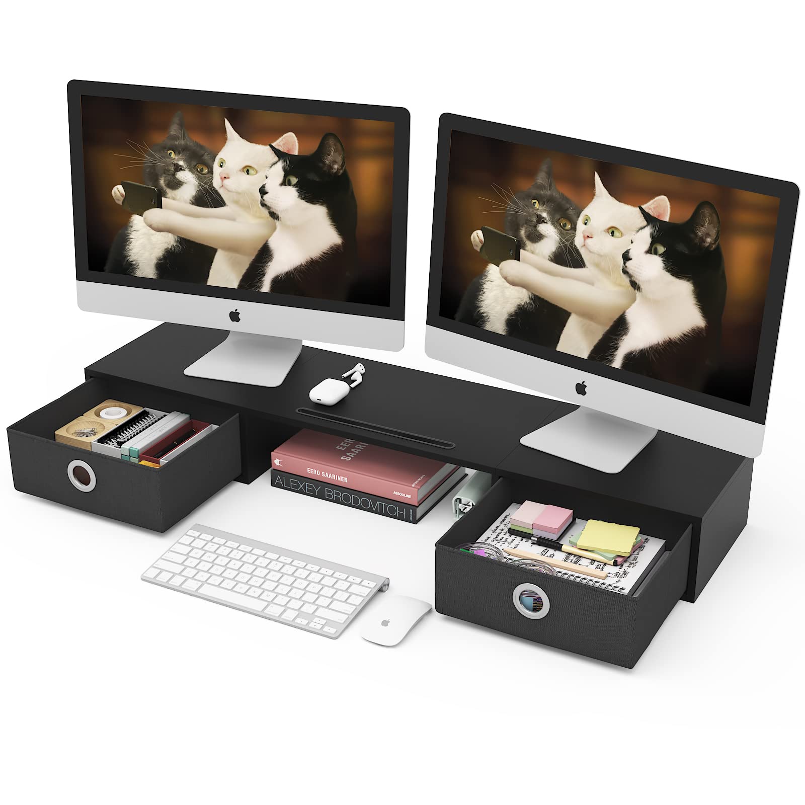 WESTREE Dual Monitor Stand Riser with Two Drawers, Extra Large Storage Monitor Stand for 2 Monitors, Desktop Oraganizer Stand for Computer,Laptop,Screen,Printer,TV