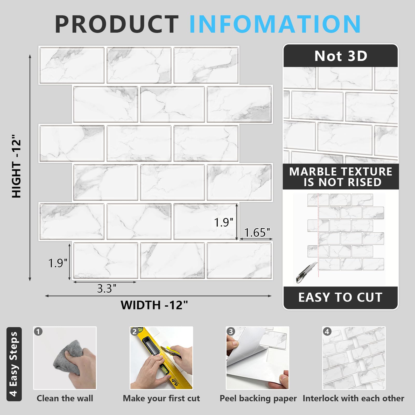 URCOLOR 10-Sheet Back Splashes for Kitchens Peel and Stick,12"x12" Self Adhesive Subway Wall Tiles Stick on backsplash Tiles for Bathroom Black Marble