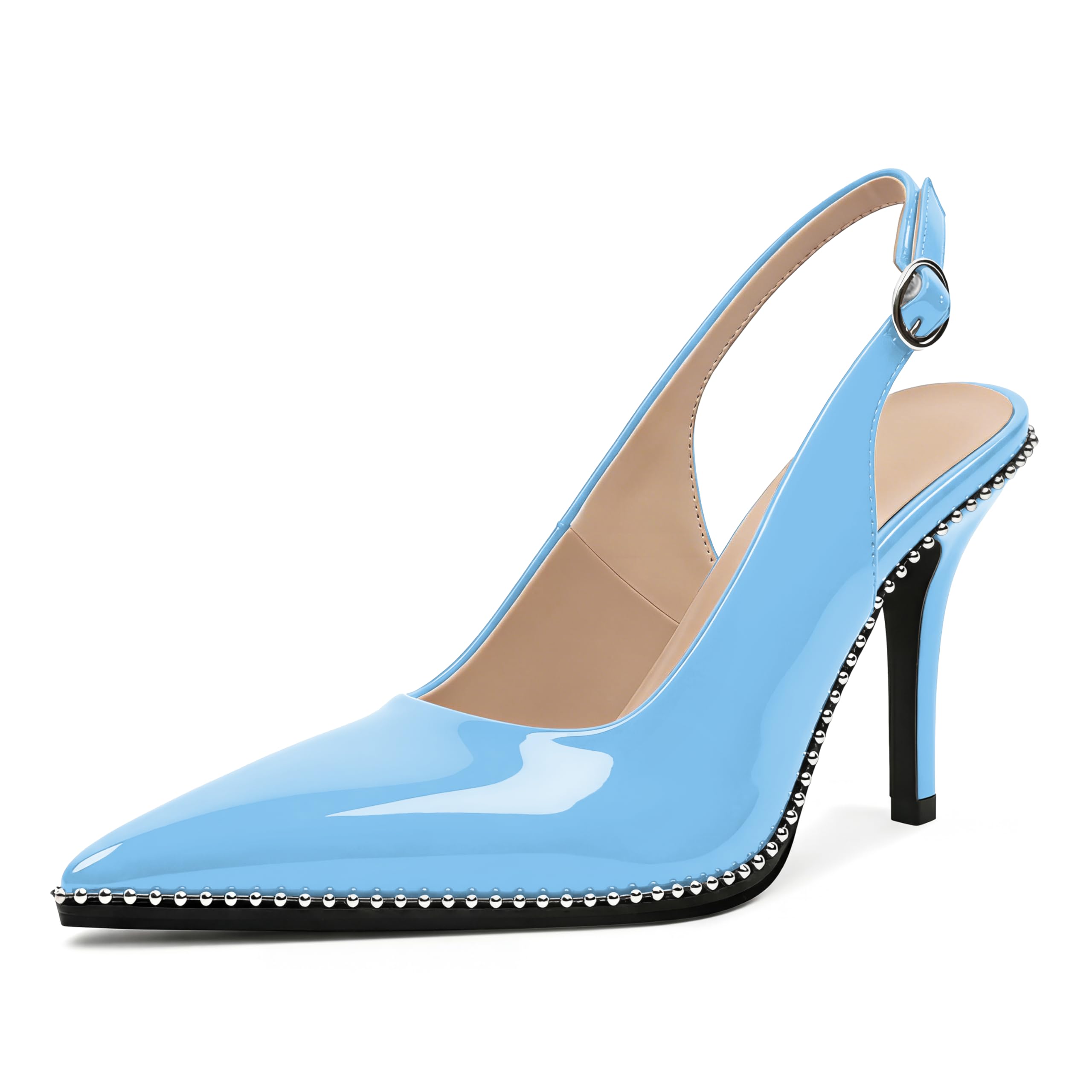Zamikoo Women Beaded Pumps High Heel Slingback Pointed Toe Slip On 3.5 Inch Stilettos Ankle Strap Adjustable Buckle Patent Leather US Size 5 -Size 13