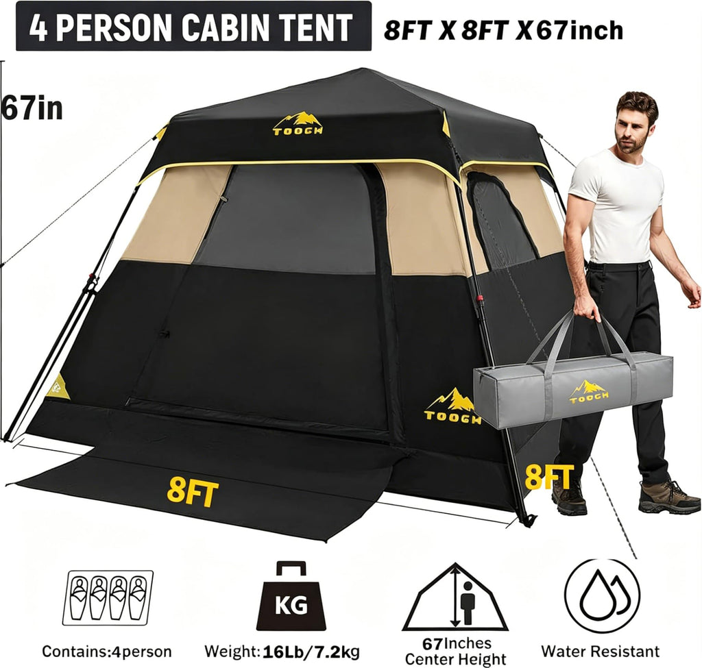 3/4 Person Camping Tent with 1 Door, 4 Windows, and Upgraded Ventilation– Instant Setup, Waterproof, 8'x 8'x 67''Oxford Fabric Floor Pop Up in 60 Seconds Includes Rainfly and Backpack