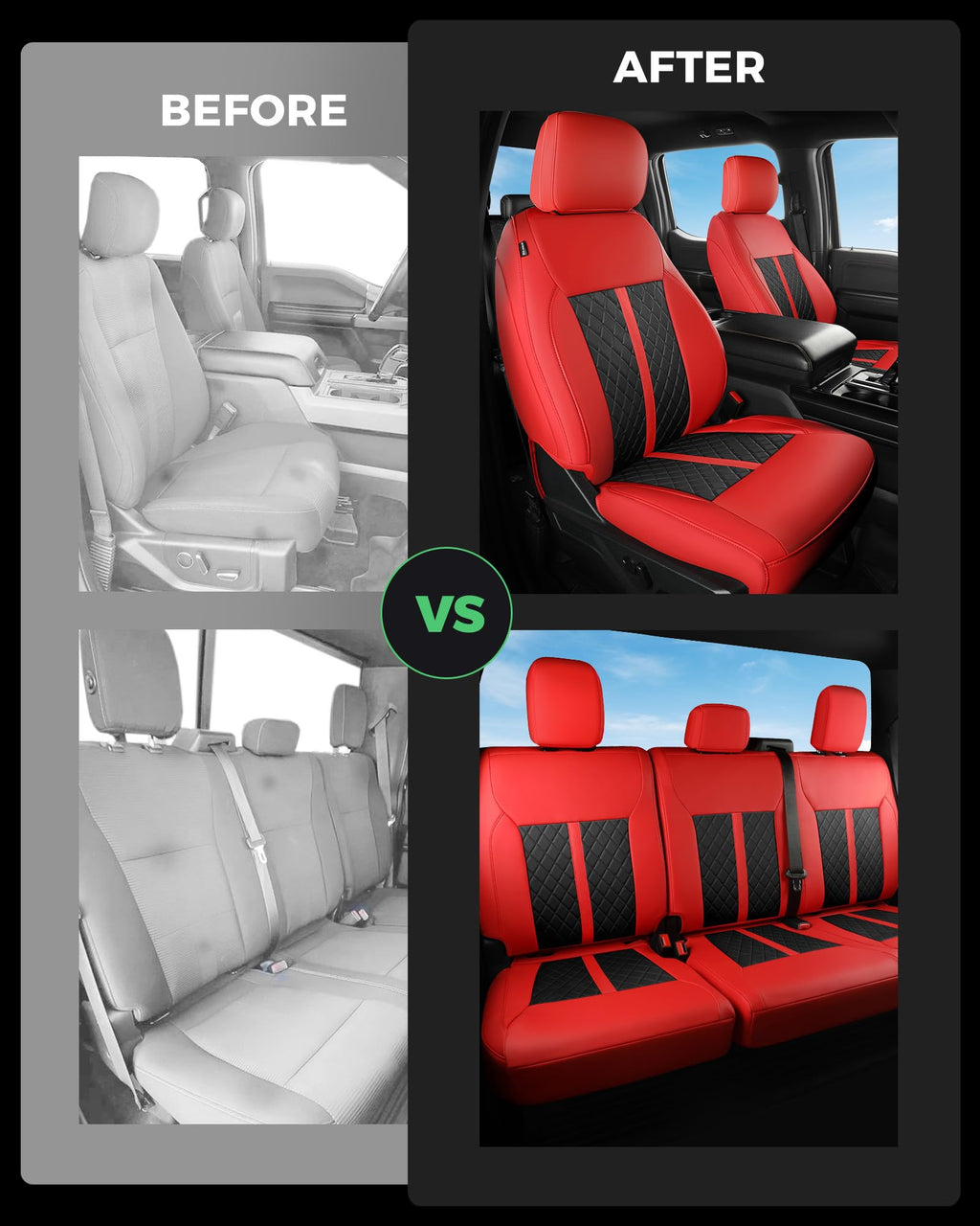 for Ford F150 Leather Seat Covers, Super Crew Cab XL XLT 2015-2020, F250 F350 F450 Super Duty Crew Cab 2017-2022,Custom Truck Seat Cover Full Set, Pickup Accessories, Black (Bucket Seat)