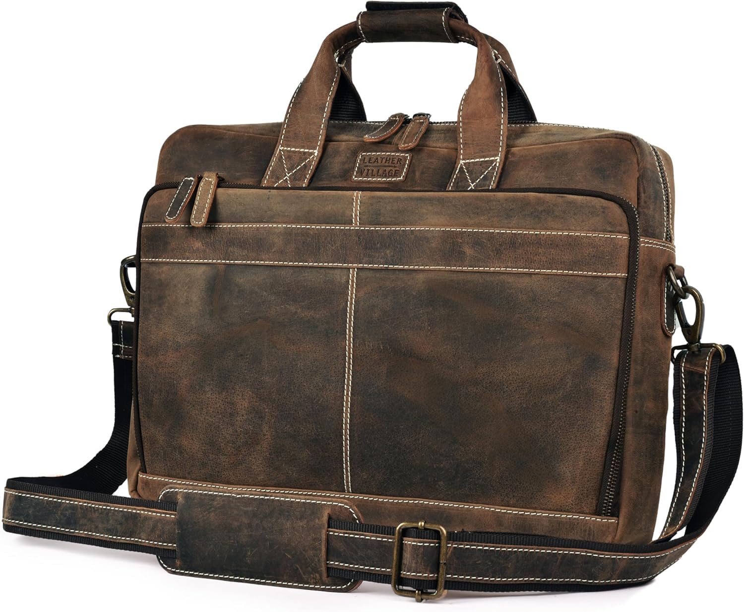 LEATHER VILLAGE 16" Leather Laptop Messenger Briefcase Bag for Men-Leather Satchel for Travel and Office Shoulder Bag-Black