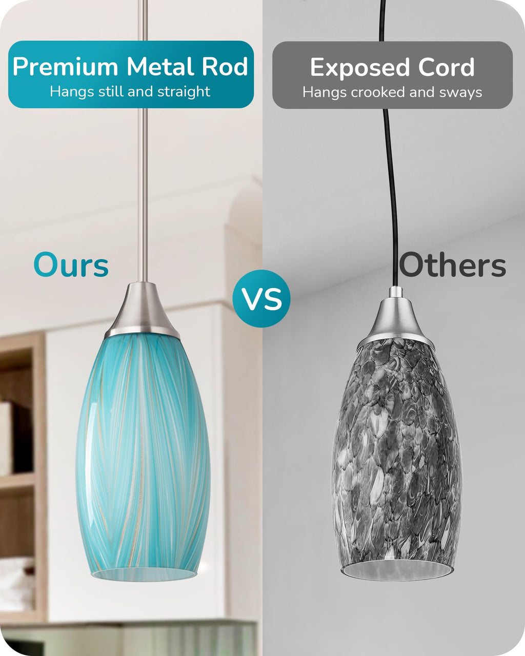 EDISHINE Pendant Light, Hand Blown Hanging Light Fixture, Adjustable Brushed Nickel Rods, 5.12" D x 11.4" H Shade, Blue Glass Pendant Lighting for Kitchen Island, Sink, Bathroom, Dining Room