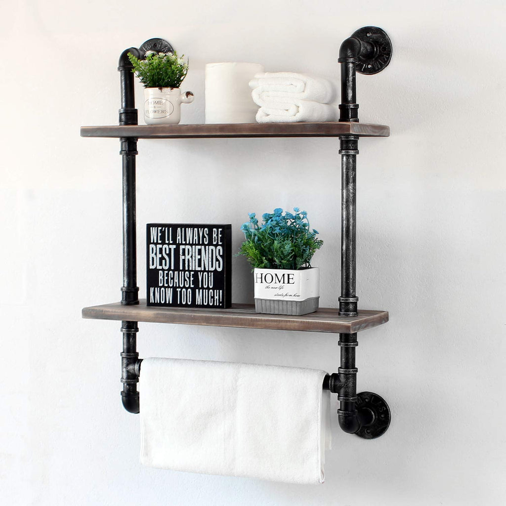 MBQQ Industrial Pipe Shelf Bathroom Shelves Wall Mounted,19.6in Rustic Wood Shelf with Towel Bar,1 Tier Farmhouse Towel Rack,Pipe Shelving Floating Shelves Towel Holder,Black & White