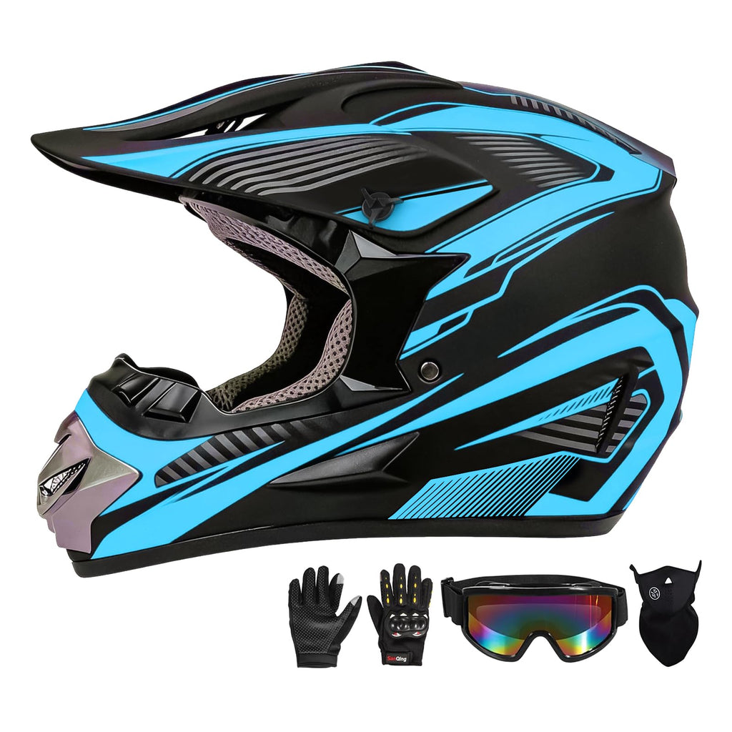 Youth Kids Motocross Helmet Full Face Motorcycle Dirt Bike Off-Road Mountain Bike BMX MX ATV Helmet,DOT Approved,W/Gloves Goggles Mask 4Pcs Set (Black, S)