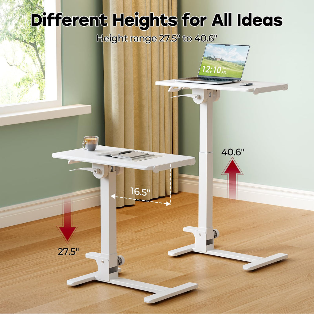Foldable Mobile Standing Desk, 27 Inch Small Rolling Laptop Cart Height Adjustment, 90° Tiltable Sofaside Table, No Assembly Needed Portable Computer Workstation, Black