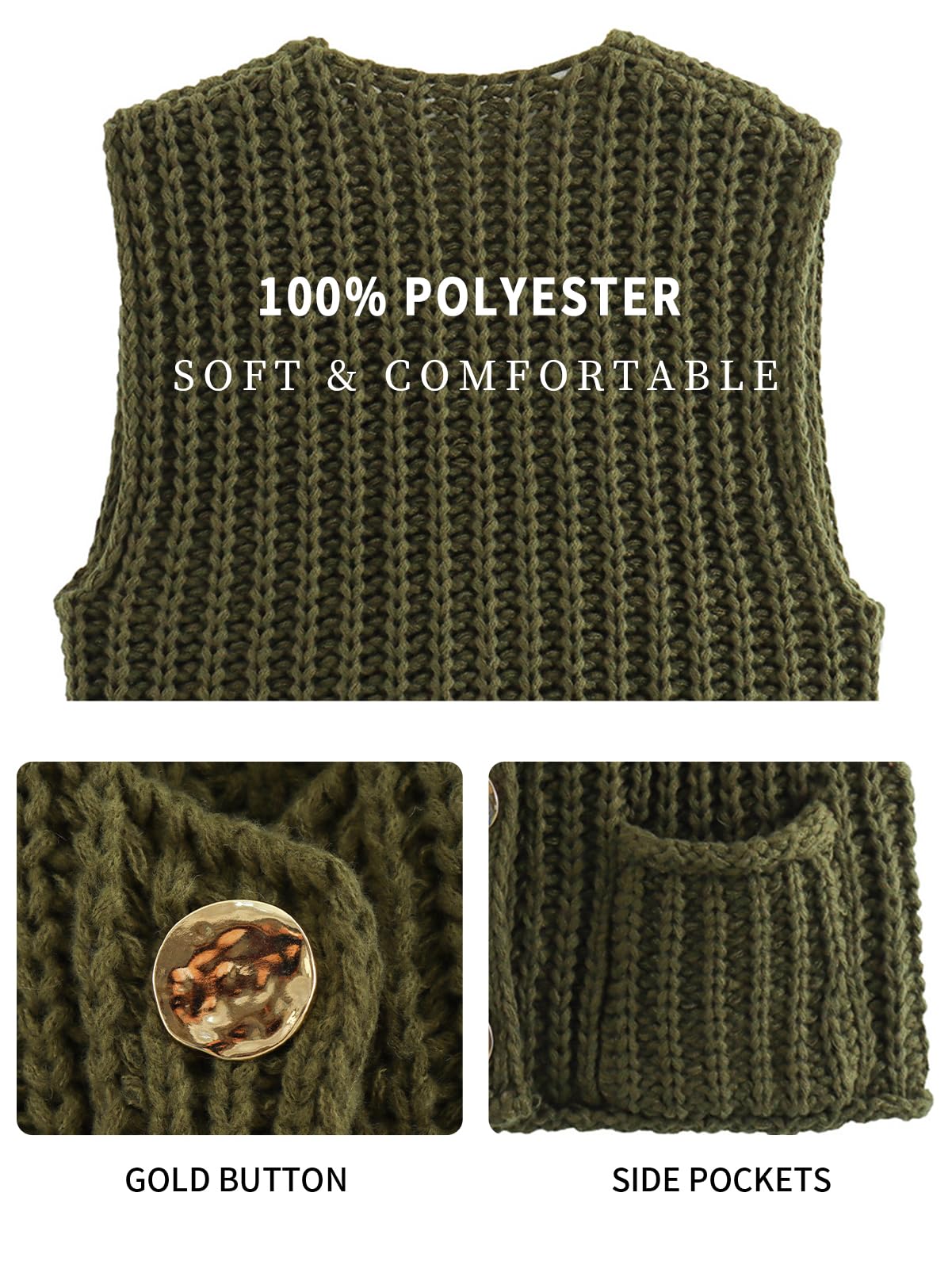 KEOMUD Women's Sleeveless Cropped Knit Cardigan Casual Button Down Crochet Sweater Vest Tops with Pockets
