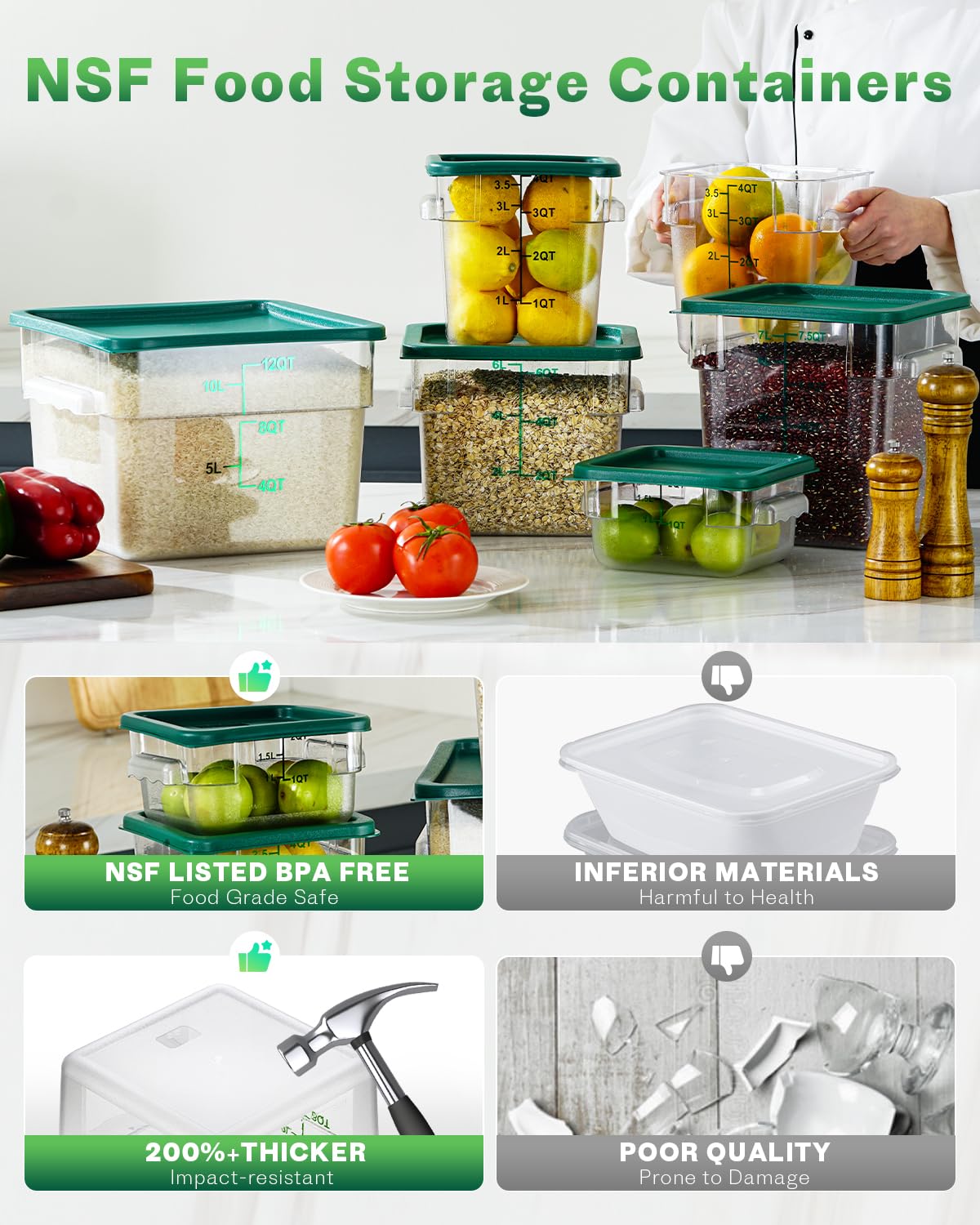 4QT NSF Food Storage Containers: 8 PCS [Food Grade][Hot&Cold Resistant] Commercial Clear Food Storage Containers with Lids for Restaurant Kitchen Proof Dough, Measuring Spoons Included(BPA FREE)