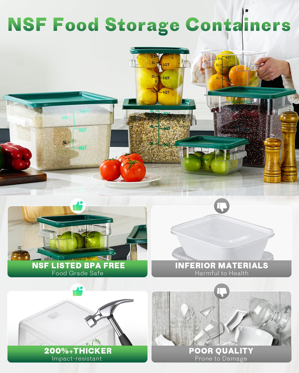 4QT NSF Food Storage Containers: 8 PCS [Food Grade][Hot&Cold Resistant] Commercial Clear Food Storage Containers with Lids for Restaurant Kitchen Proof Dough, Measuring Spoons Included(BPA FREE)