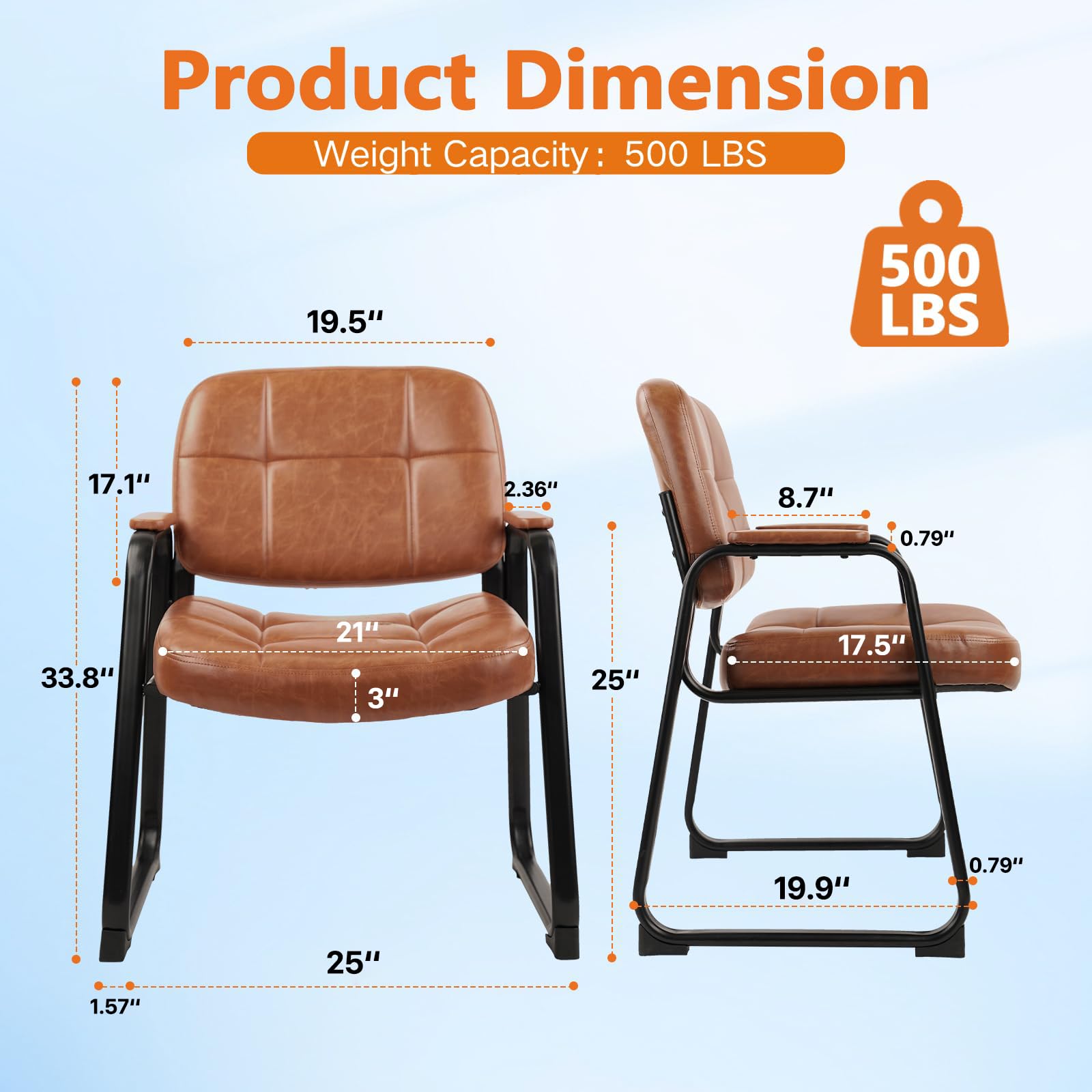 CLATINA Big & Tall 500 lbs Leather Office Reception Chair No Wheels with Padded Arms, Waiting Room Guest Chair for Elderly Home Desk Conference Room Lobby Side Salon Clinic, Black