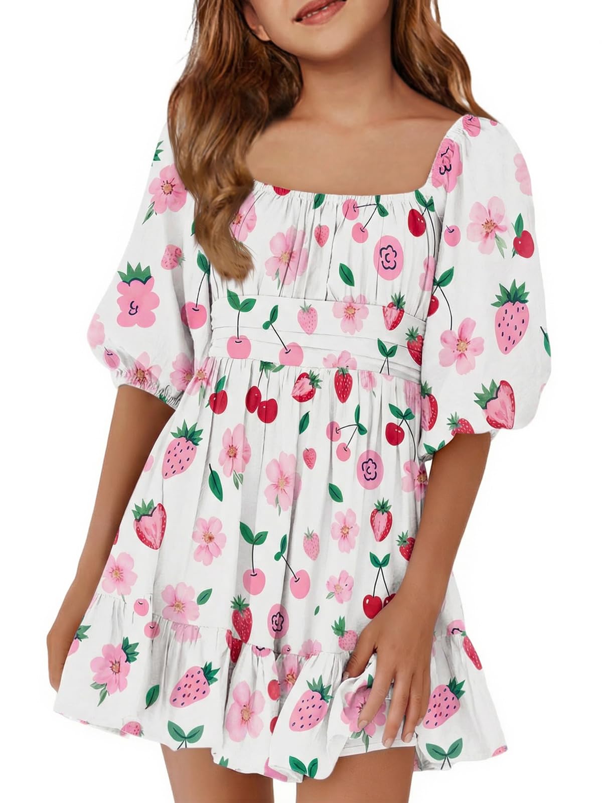 Girls Summer Dresses Square Neck Lantern Sleeve Tie Backless Ruffle A-Line Party Mini Dress