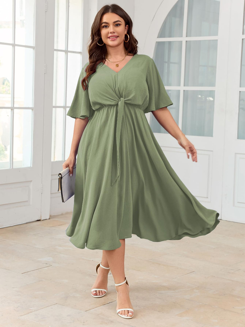SCOMCHIC Women Plus Size Midi Dresses Wedding Guest Short Sleeve V Neck Tie Waist Casual Summer Flowy A Line Dress