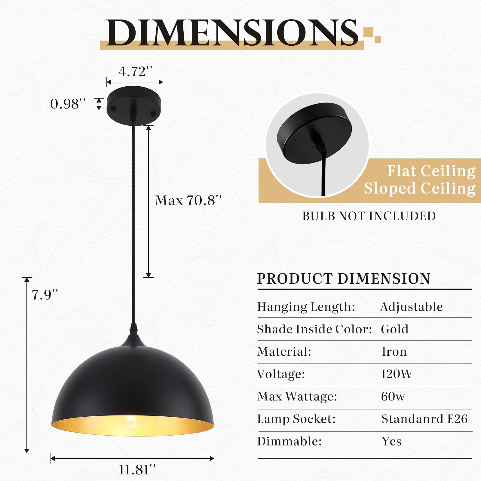 White Pendant Lights, 11.8 inch Pendant Lights Kitchen Island, Farmhouse Pendant Light Fixtures (White Inside), Industrial Pendant Lighting for Dining Room, Bedroom, Hallway (1 Pack)