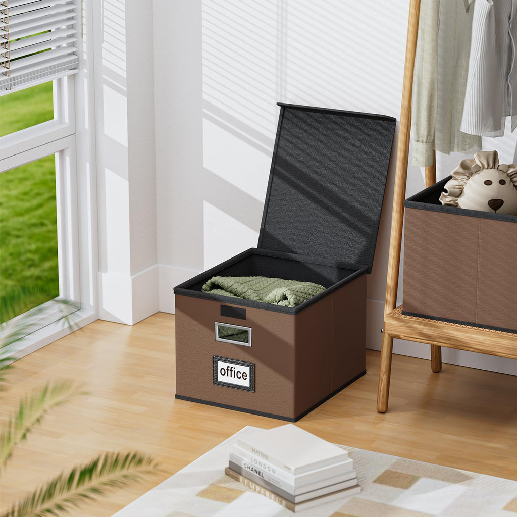 File Organizer Box with Lid, Collapsible Faux Leather Hanging File Folder Box Organizer with Plastic Slides, Decorative Home/Office Filing System Boxes for File and Folders Storage