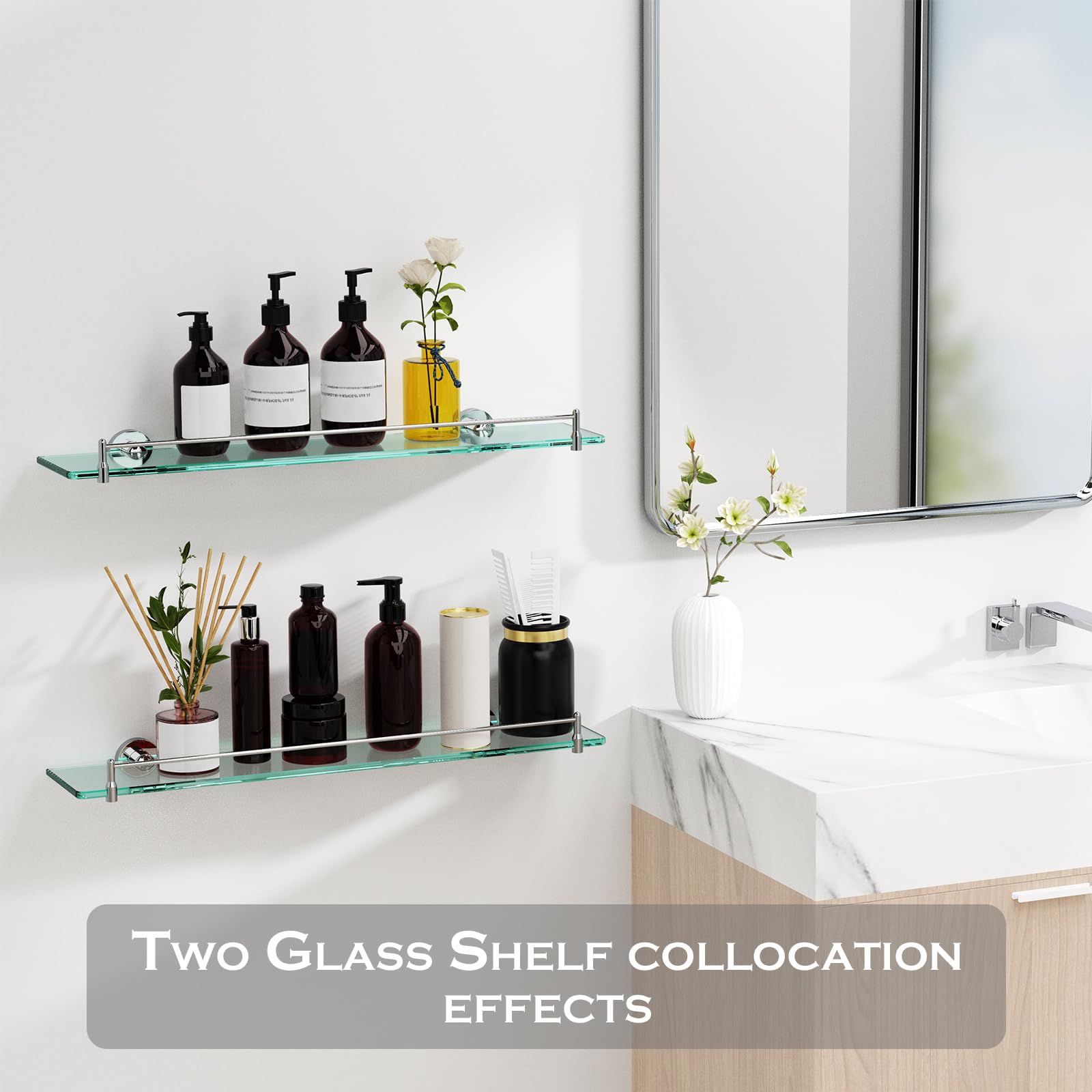 Glass Bathroom Shelves,Brushed Gold Floating Shelves for Wall Rectangular Modern Stainless Steel Glass Shelf for Bathroom Shelves wall Mounted 16 Inch