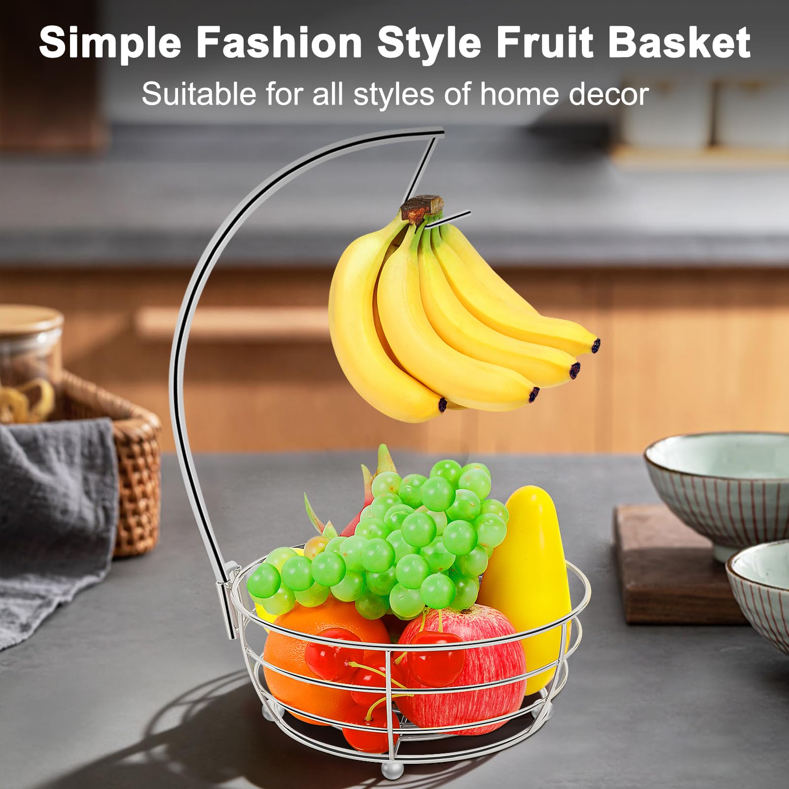Livabber Countertop Fruit Basket Bowl with Banana Hanger, Modern Standing Fruit Vegetable Bowl Storage, with Banana Tree Holder for Kitchen Dinning Table (Round Marble, Black)