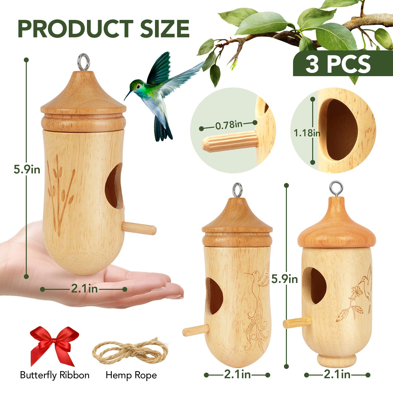 Hummingbird House, Small Hummingbird Houses for Outside, Wooden Bird House with Bow, String, Cute Gardening Gifts Home Decoration