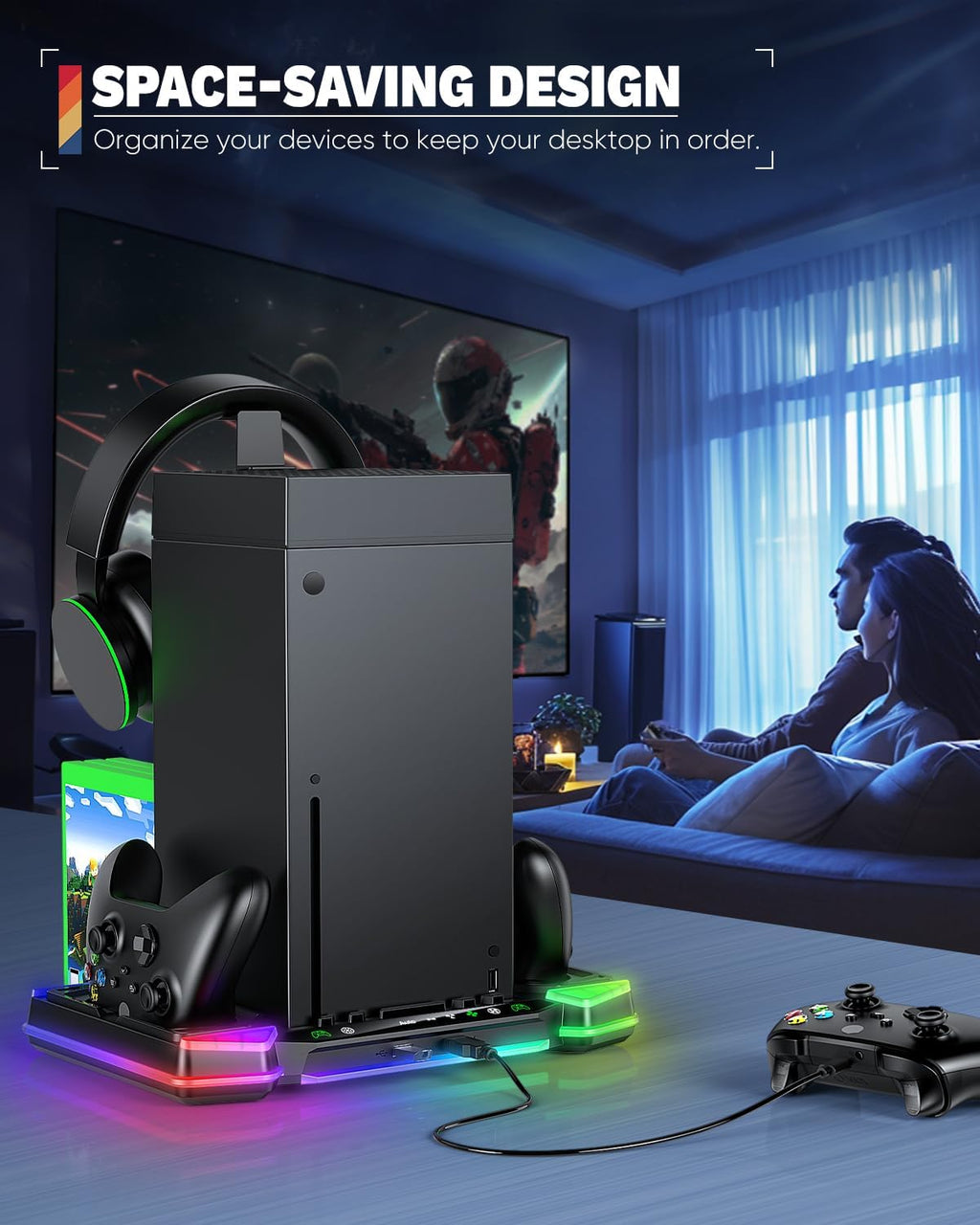 Top Auto Cooling Fan & Charge Stand for Xbox Series X Console with 11 Light Modes, Accessories Controller Wireless Charger Dock, 2*1400mAh Rechargeable Batteries, Headset Stand & Game Disc Storage