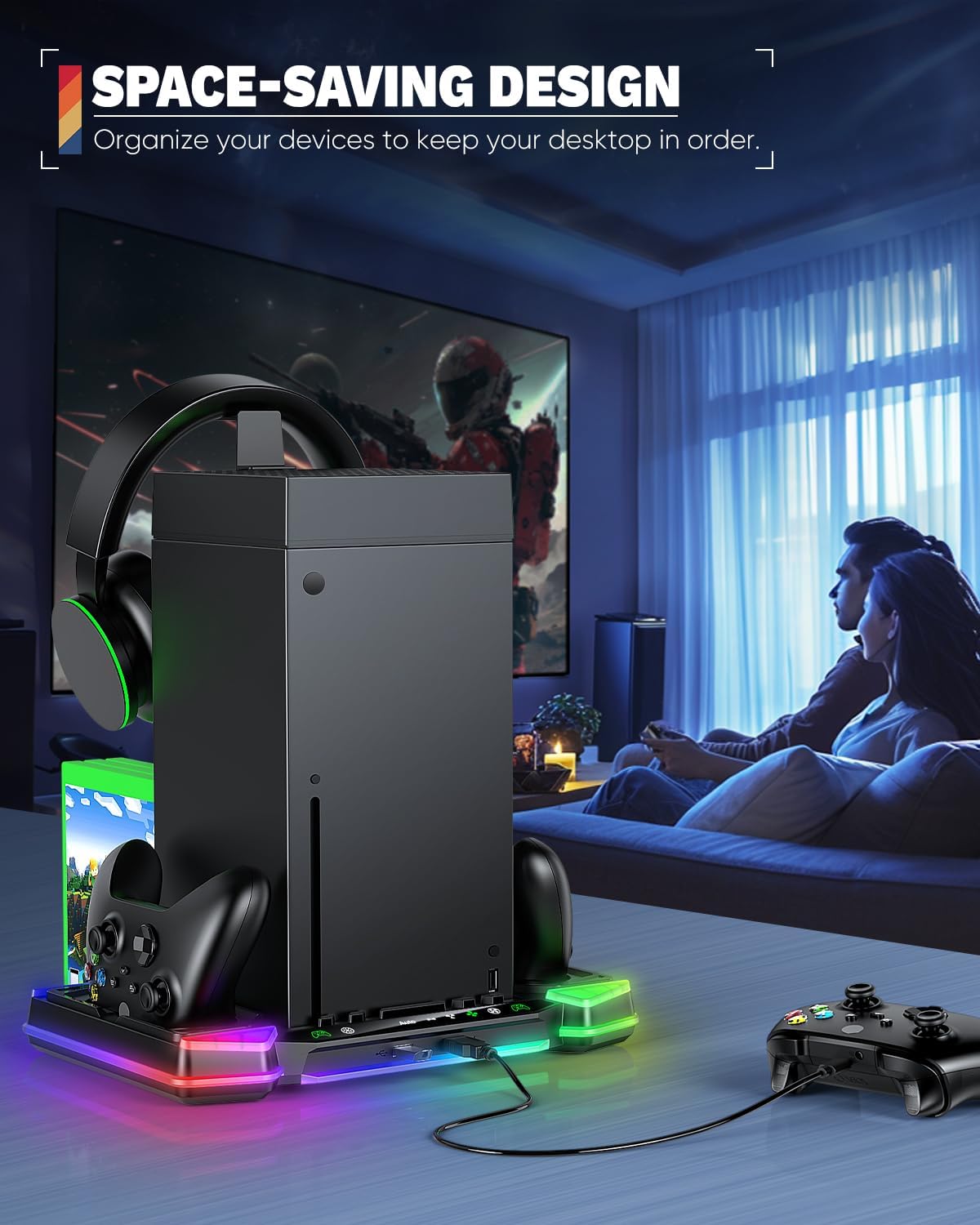 Top Auto Cooling Fan & Charge Stand for Xbox Series X Console with 11 Light Modes, Accessories Controller Wireless Charger Dock, 2*1400mAh Rechargeable Batteries, Headset Stand & Game Disc Storage
