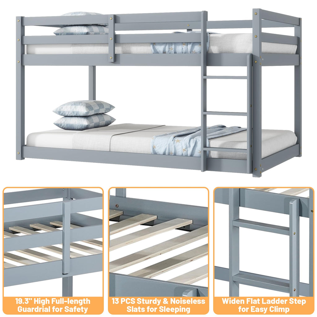 Bunk Bed Twin Over Twin, Wood Low Profile Floor Twin Bunk Beds with Headboard Ladder Guardrails for Kids Boys and Girls, No Box Spring Needed