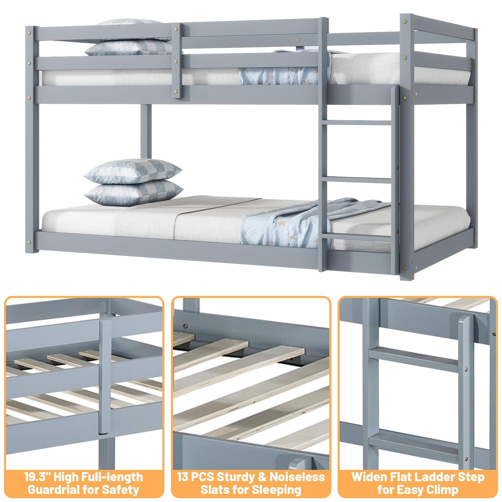 Bunk Bed Twin Over Twin, Wood Low Profile Floor Twin Bunk Beds with Headboard Ladder Guardrails for Kids Boys and Girls, No Box Spring Needed