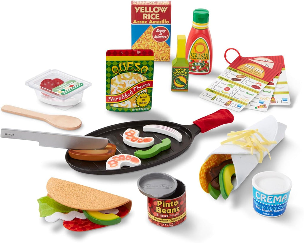 Melissa & Doug Fill & Fold Taco & Tortilla Set, 43 Pieces – Sliceable Wooden Mexican Play Food, Skillet, and More - FSC Certified