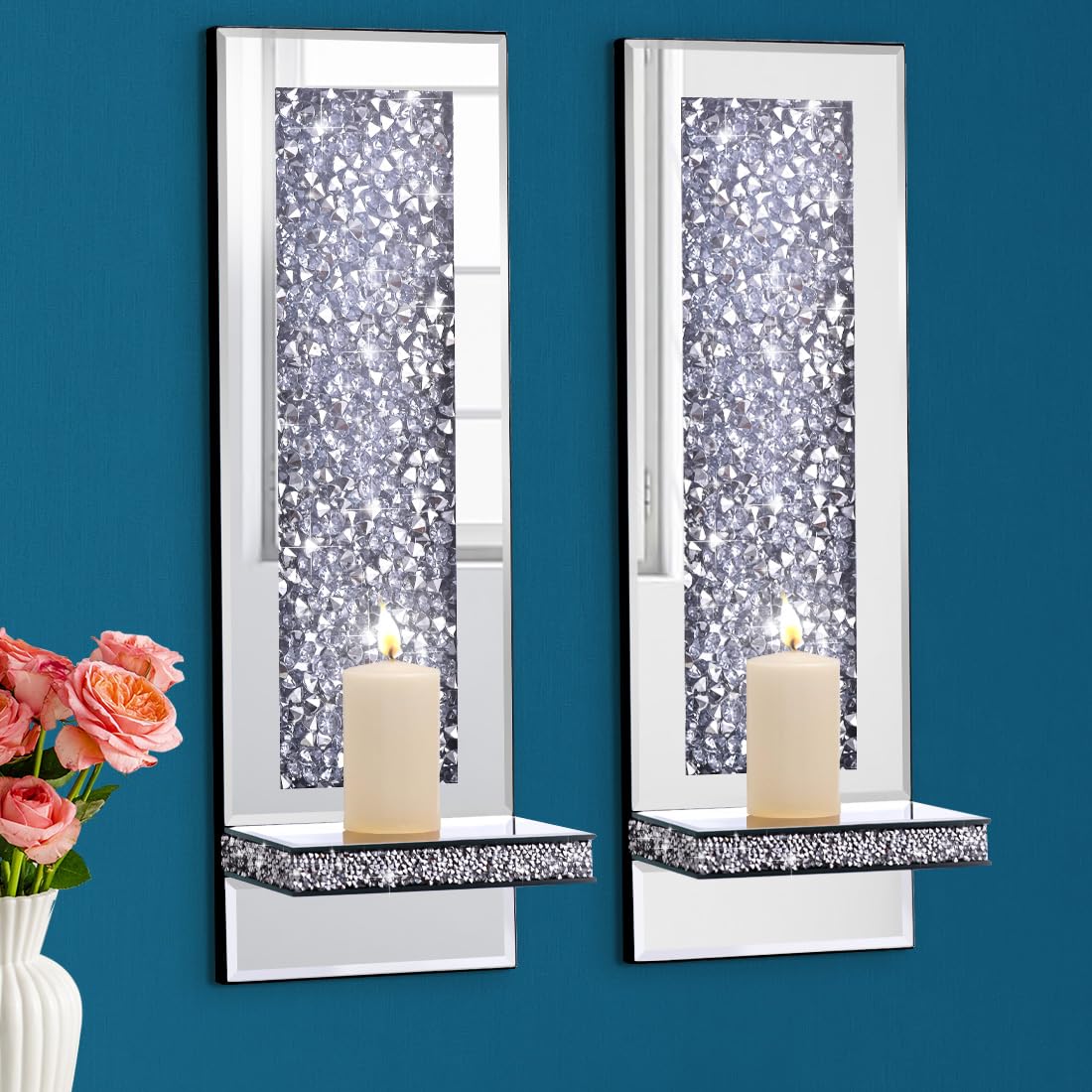 Aeveco Crystal Crush Diamond Mirrored Candle Sconces, Silver Wall Candle Holder Set of 2, Wall Decorations for Living Room，Dining Room (Rectangle (Style 4))