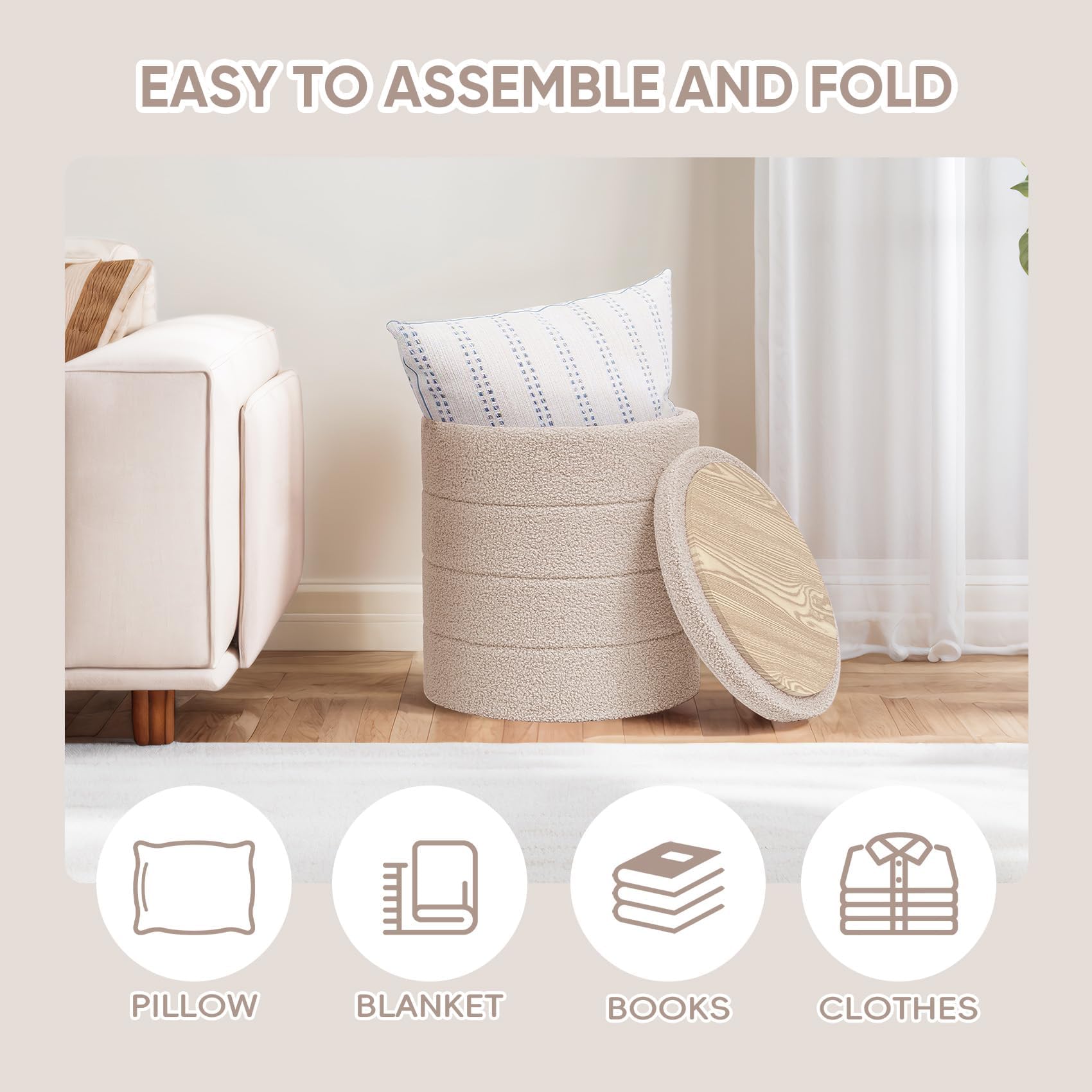 PINPLUS Round Storage Ottoman Foot Rest Stool with Tray Velvet Sherpa Folding Storage Ottoman,Boucle Foot Rest for Living Room, Bedroom, Dorm（Beige）