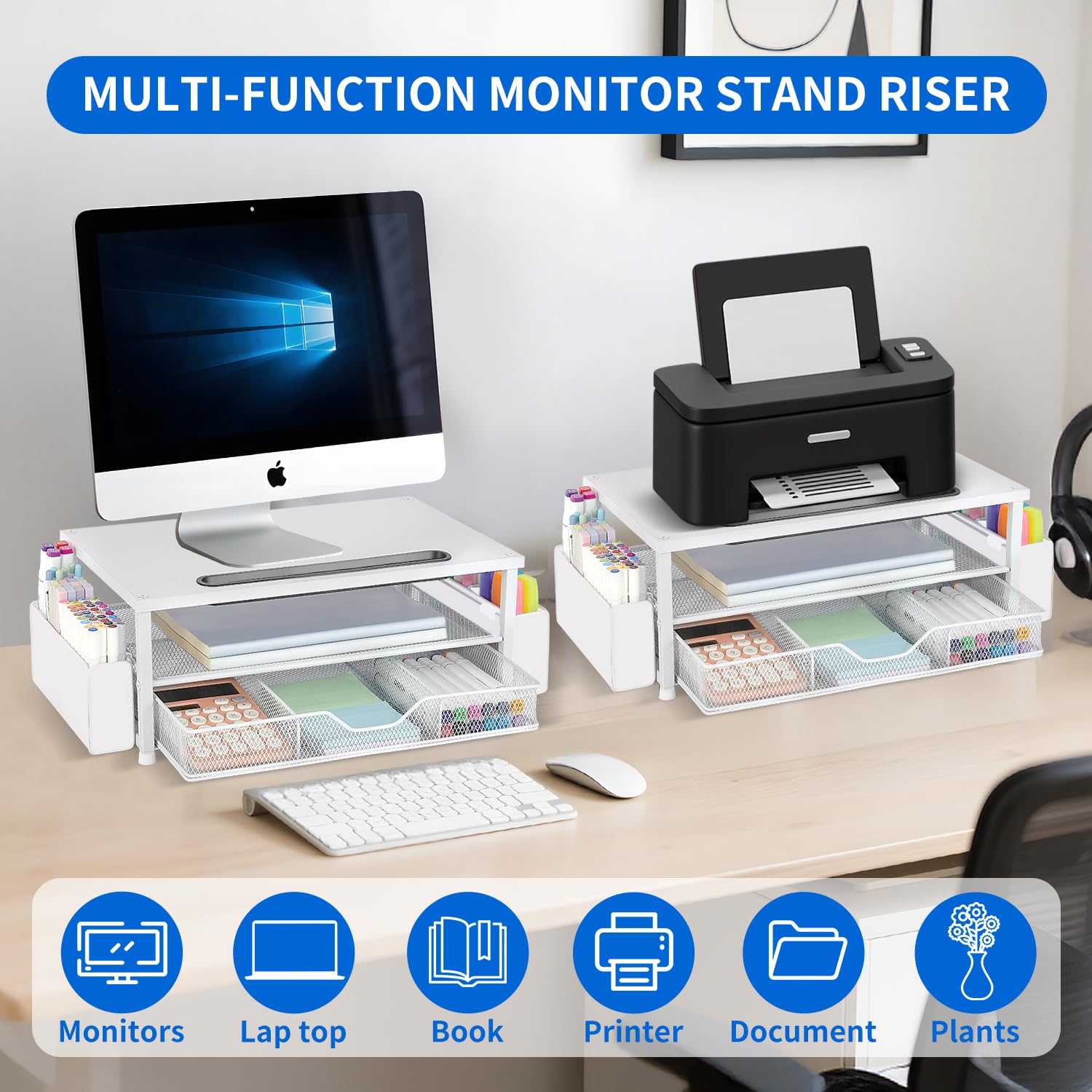 AUPSEN 2 Tier Computer Monitor Stands with Drawer and 2 Pencil Holder, Metal Monitor Stand Monitor riser, Computer Desk Organizer and Accessories for Laptop, Computer, Printer, Office Supplies(Black)