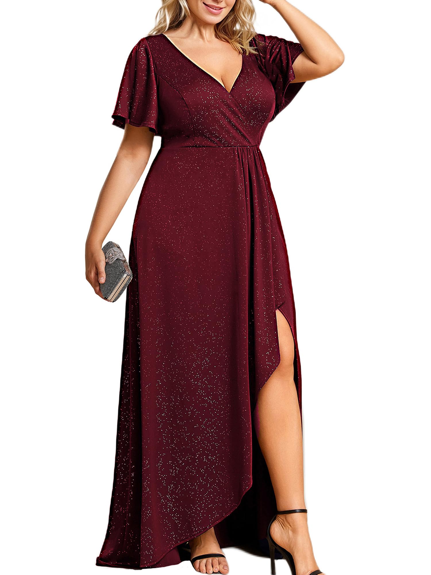 Ever-Pretty Glitter Formal Dresses for Cuvvy Women Plus Size A-line High Low Wedding Guest Gala Dress with Ruffles Sleeves